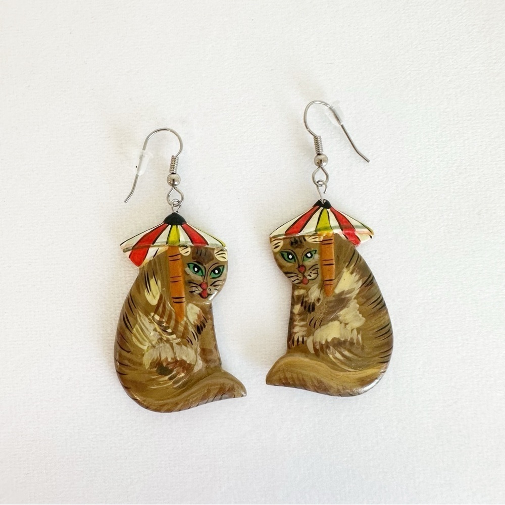 Vintage Hand Painted Wooden Cat Dangle Drop Earrings 2" Cat Lady